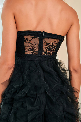 Strapless Black Corset Prom Dress with Slit