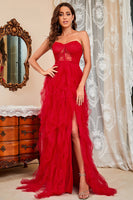 Load image into Gallery viewer, Strapless Black Corset Prom Dress with Slit