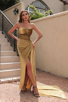 Load image into Gallery viewer, Simple Golden Mermaid Long Prom Dress with Slit_3