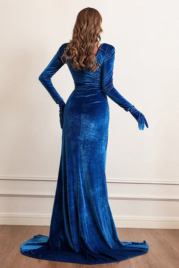 Velvet Long Sleeves Prom Dress with Slit