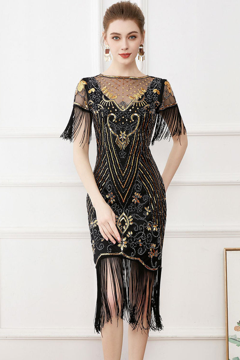 Load image into Gallery viewer, Black Sequins Bodycon 1920s Dress with Fringes