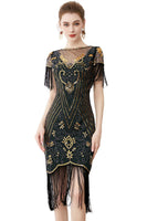 Load image into Gallery viewer, Black Sequins Bodycon 1920s Dress with Fringes