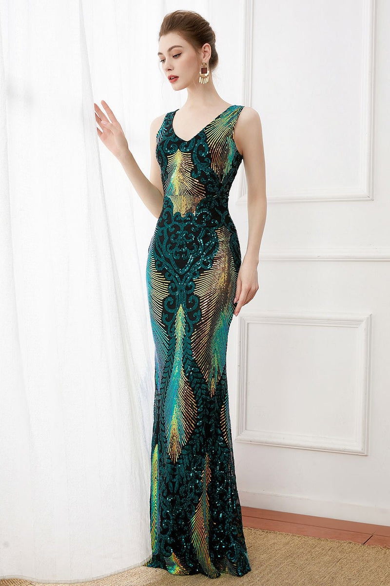 Load image into Gallery viewer, Dark Green Sequins Sheath Long 1920s Dress