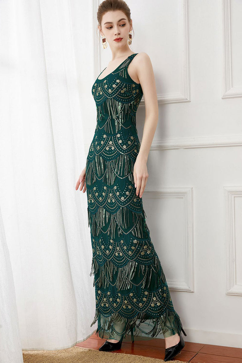 Load image into Gallery viewer, Dark Green Sheath Fringes Long 1920s Dress