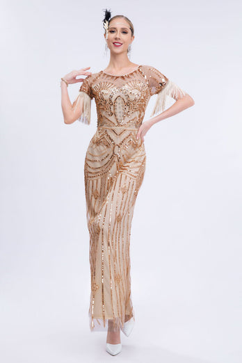 Golden Sheath Long 1920s Dress with Fringes
