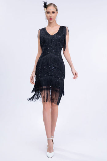 Black Fringes 1920s Dress with Sleeveless