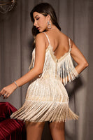 Load image into Gallery viewer, Spaghetti Straps Champange Semi Prom Dress with Fringes