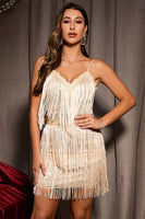 Load image into Gallery viewer, Spaghetti Straps Champange Semi Prom Dress with Fringes