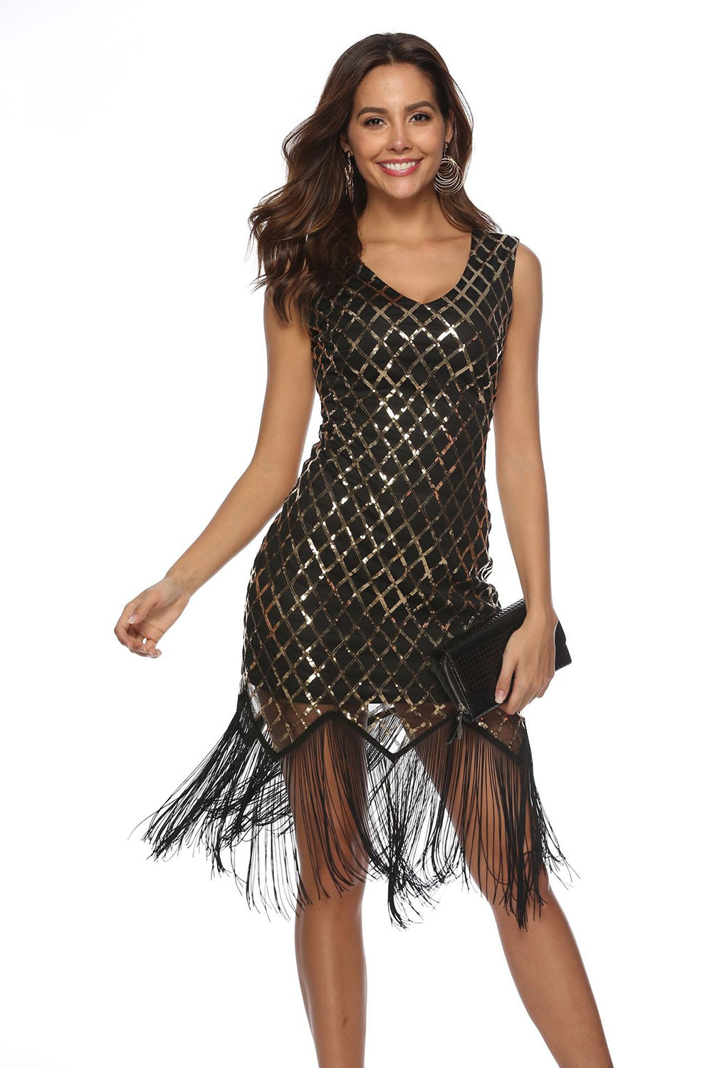 Black Golden Roaring 20s Gatsby Fringed Flapper Dress