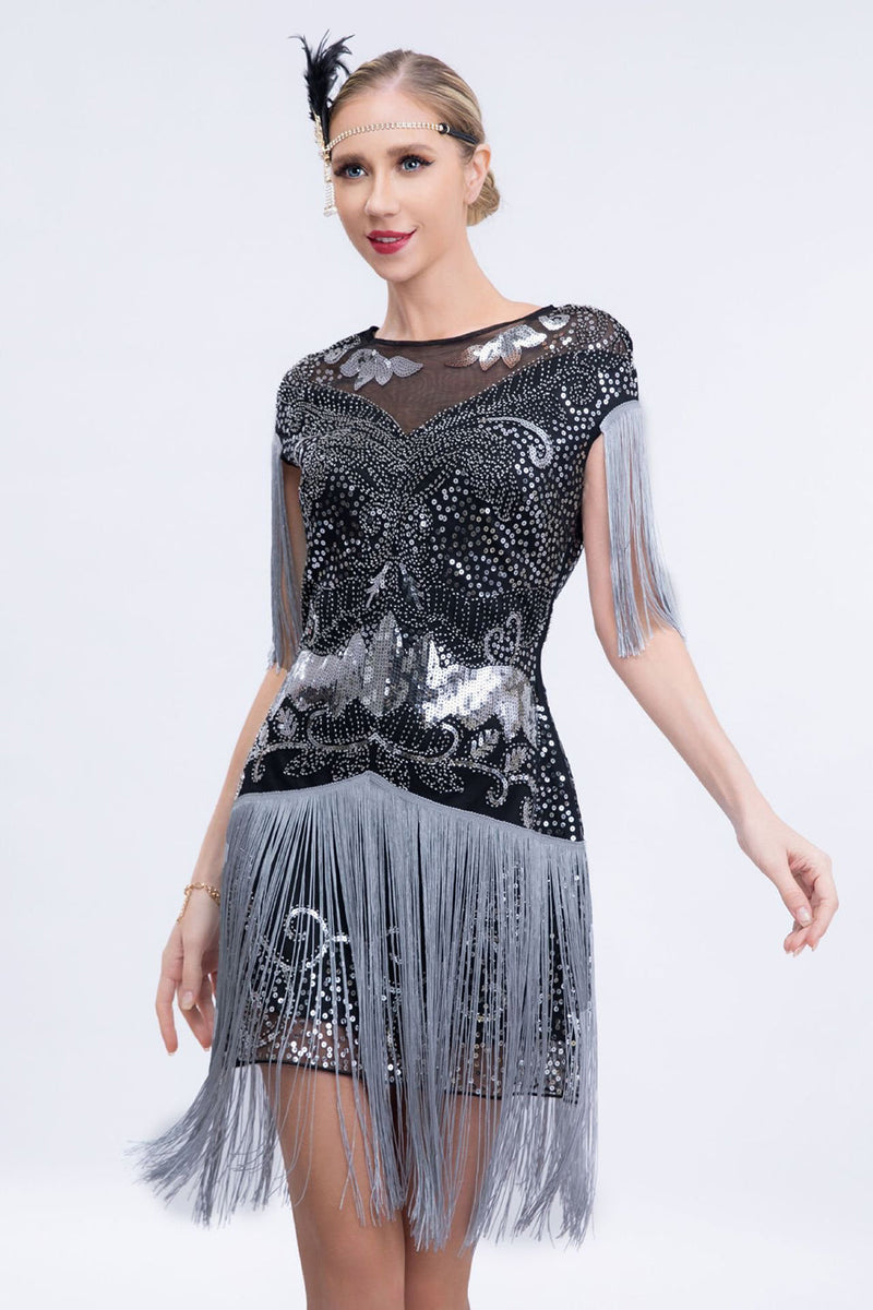 Load image into Gallery viewer, Black Grey Sequins Roaring 20s Gatsby Fringed Flapper Dress