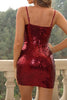 Load image into Gallery viewer, Glitter Spaghetti Straps Burgundy Short Party Dress