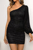 Load image into Gallery viewer, Sparkly One Shoulder Black Cocktail Dress