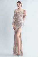 Load image into Gallery viewer, Sparkly Off The Shoulder Sequins Golden Prom Dress with Feathers