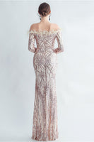 Load image into Gallery viewer, Sparkly Off The Shoulder Sequins Golden Prom Dress with Feathers