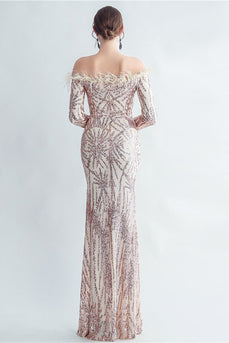 Sparkly Off The Shoulder Sequins Golden Prom Dress with Feathers