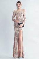 Load image into Gallery viewer, Sparkly Off The Shoulder Sequins Golden Prom Dress with Feathers
