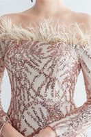 Load image into Gallery viewer, Sparkly Off The Shoulder Sequins Golden Prom Dress with Feathers