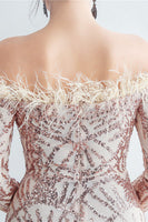Load image into Gallery viewer, Sparkly Off The Shoulder Sequins Golden Prom Dress with Feathers
