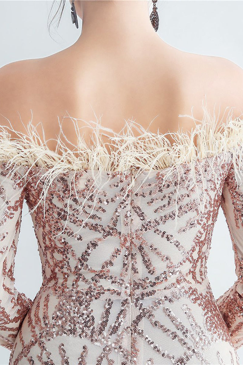 Load image into Gallery viewer, Sparkly Off The Shoulder Sequins Golden Prom Dress with Feathers