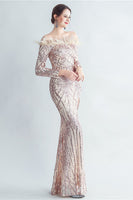 Load image into Gallery viewer, Sparkly Off The Shoulder Sequins Golden Prom Dress with Feathers
