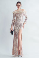 Load image into Gallery viewer, Sparkly Off The Shoulder Sequins Golden Prom Dress with Feathers