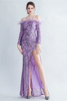 Load image into Gallery viewer, Sparkly Off The Shoulder Sequins Golden Prom Dress with Feathers