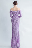 Load image into Gallery viewer, Sparkly Off The Shoulder Sequins Golden Prom Dress with Feathers