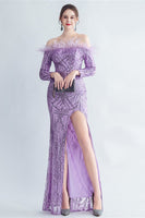 Load image into Gallery viewer, Sparkly Off The Shoulder Sequins Golden Prom Dress with Feathers
