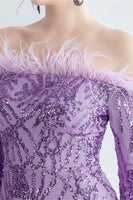 Load image into Gallery viewer, Sparkly Off The Shoulder Sequins Golden Prom Dress with Feathers