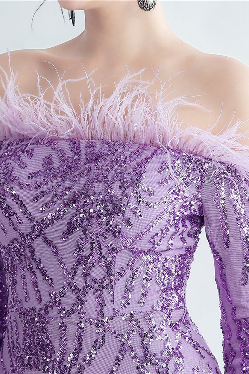 Load image into Gallery viewer, Sparkly Off The Shoulder Sequins Golden Prom Dress with Feathers