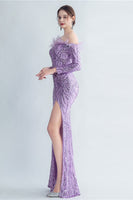 Load image into Gallery viewer, Sparkly Off The Shoulder Sequins Golden Prom Dress with Feathers