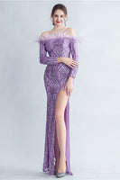 Load image into Gallery viewer, Sparkly Off The Shoulder Sequins Golden Prom Dress with Feathers