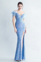 Load image into Gallery viewer, Cold Shoulder Sequins Blue Corset Prom Dress with Feathers
