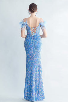 Cold Shoulder Sequins Blue Corset Prom Dress with Feathers