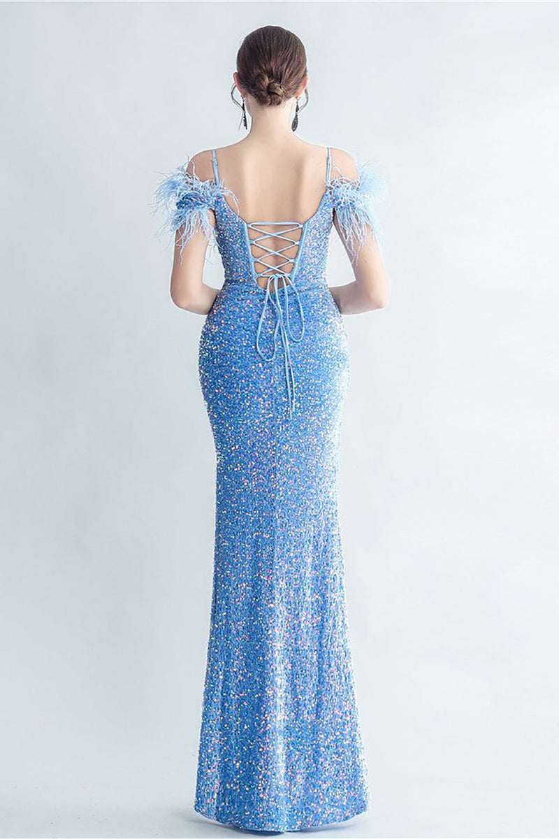 Load image into Gallery viewer, Cold Shoulder Sequins Blue Corset Prom Dress with Feathers
