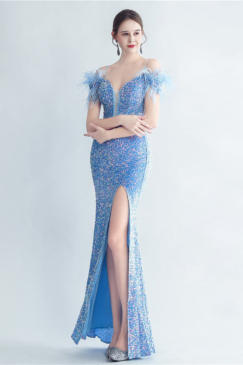 Load image into Gallery viewer, Cold Shoulder Sequins Blue Corset Prom Dress with Feathers