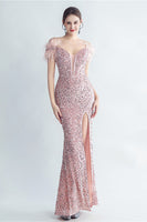 Load image into Gallery viewer, Cold Shoulder Sequins Blue Corset Prom Dress with Feathers