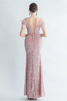 Load image into Gallery viewer, Cold Shoulder Sequins Blue Corset Prom Dress with Feathers