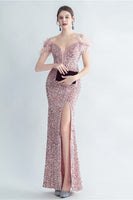 Load image into Gallery viewer, Cold Shoulder Sequins Blue Corset Prom Dress with Feathers