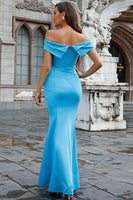 Load image into Gallery viewer, Satin Mermaid Off The Shoulder Blue Prom Dress