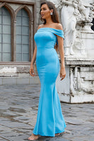 Load image into Gallery viewer, Satin Mermaid Off The Shoulder Blue Prom Dress