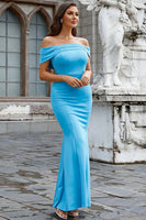 Load image into Gallery viewer, Satin Mermaid Off The Shoulder Blue Prom Dress