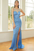 Load image into Gallery viewer, Sparkly Sleeveless Sequins Blue Prom Dress with Slit