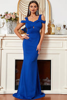 Load image into Gallery viewer, Satin Mermaid Cold Shoulder Royal Blue Prom Dress