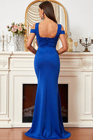 Load image into Gallery viewer, Satin Mermaid Cold Shoulder Royal Blue Prom Dress