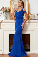 Load image into Gallery viewer, Satin Mermaid Cold Shoulder Royal Blue Prom Dress