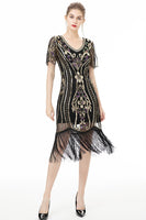 Load image into Gallery viewer, Black Fringes Sparkly 1920s Dress with Short Sleeves