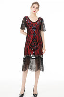 Load image into Gallery viewer, Black Fringes Sparkly 1920s Dress with Short Sleeves