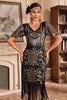 Load image into Gallery viewer, Black Golden V Neck Fringe 1920s Gatsby Dress With Sequins
