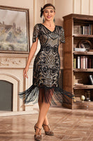 Load image into Gallery viewer, Black Golden V Neck Fringe 1920s Gatsby Dress With Sequins